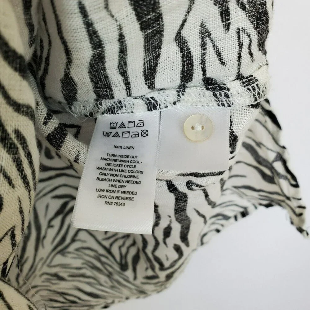 Cynthia Rowley Top Womens 2X Linen Zebra Animal Roll Tab Sleeves Button Front - Picture 6 of 10